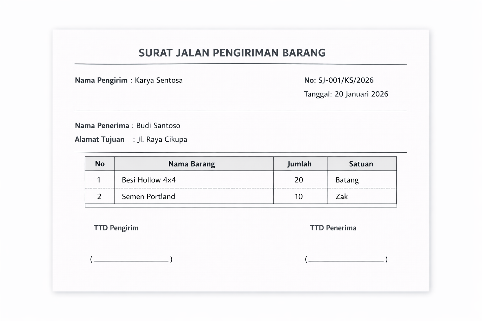 contoh surat jalan pengiriman barang